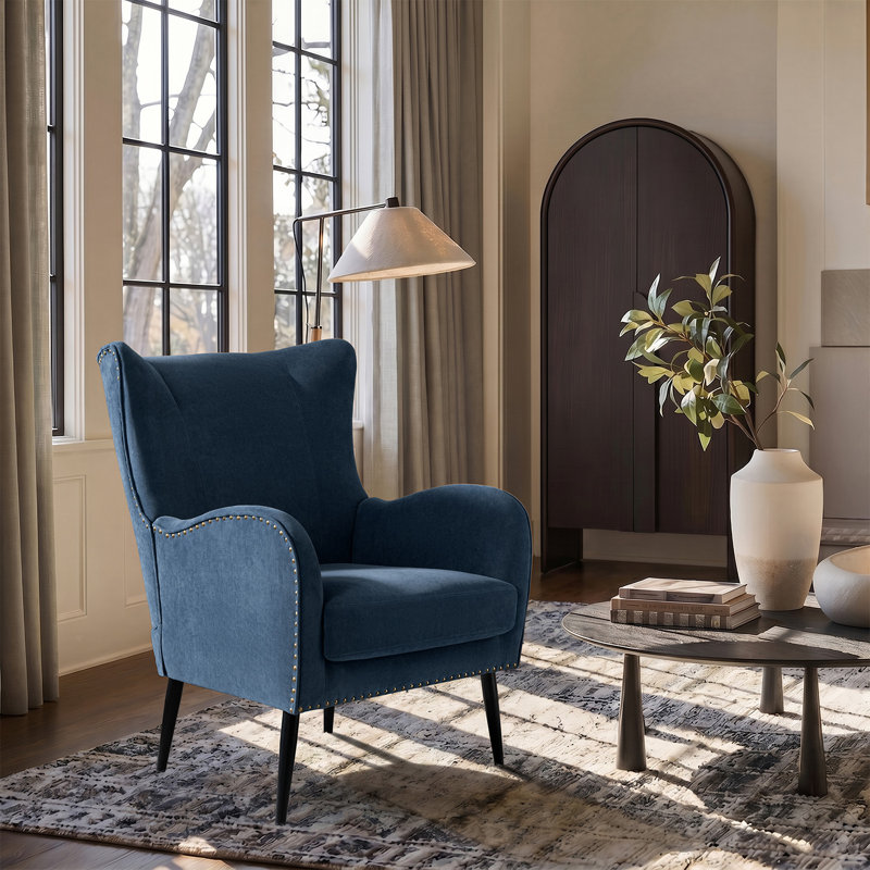 Fauteuil à oreilles transitionnel en chenille l 29,25 po Desilva, Navy