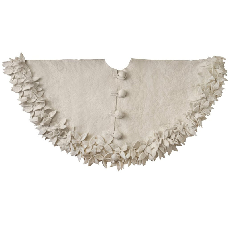 Cream Felted Wool Christmas Tree Skirt with Floral Border