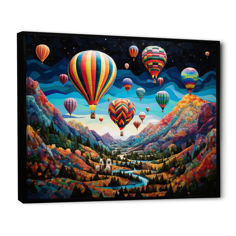 Mosaïque de ballon à air chaud bleu sarcelle - impression sur toile, Cadre flottant noir, H 12 po x l 20 po x P 1 po