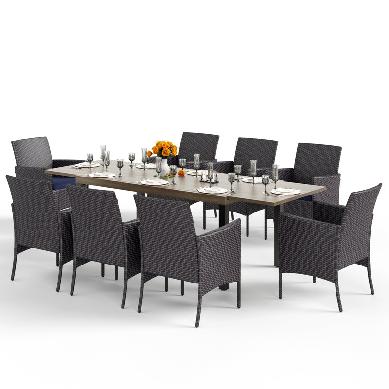 Table de salle à manger d'extérieur rectangulaire extensible d'apparence en bois avec chaises rembourrées, 8