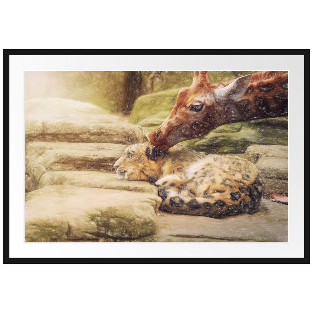 Gerahmtes Poster Leopard und Giraffe