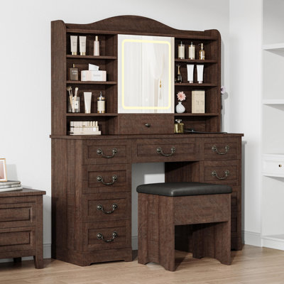 47.2" Width Makeup Vanity Desk with Mirror, Lights, Stool and Drawer | HD Mirror with 3 Colors LED Lights, Stool with Storage, 10 Drawers, 8 Shelves, Power Outlet, for Bedroom