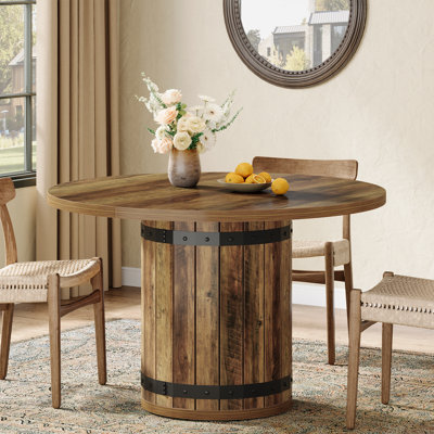 39.37" Round Dining Table for 4 with Fence Pedestal Base, Farmhouse Rustic Kitchen & Dining Room Table