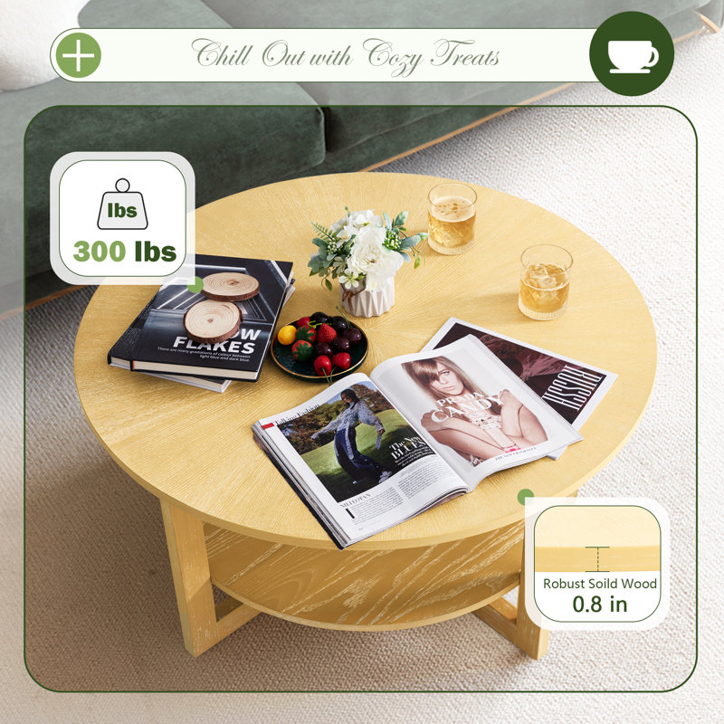Table basse ronde de salon avec tablette de rangement à 2 niveaux, Beige