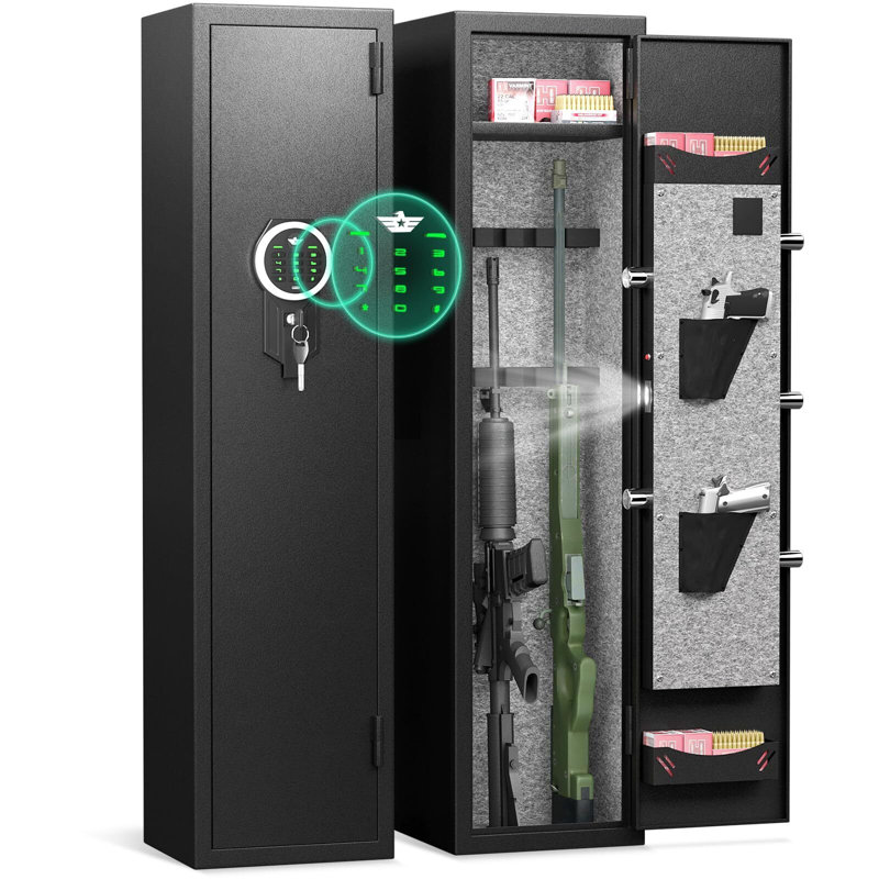 Coffre-fort pour 2 à 3 armes à feu, grand coffre-fort à clavier numérique pour fusils de chasse, armoires pour armes à feu à accès rapide avec lumière DEL, coffre-fort pour armes à feu avec support réglable et tablette amovible