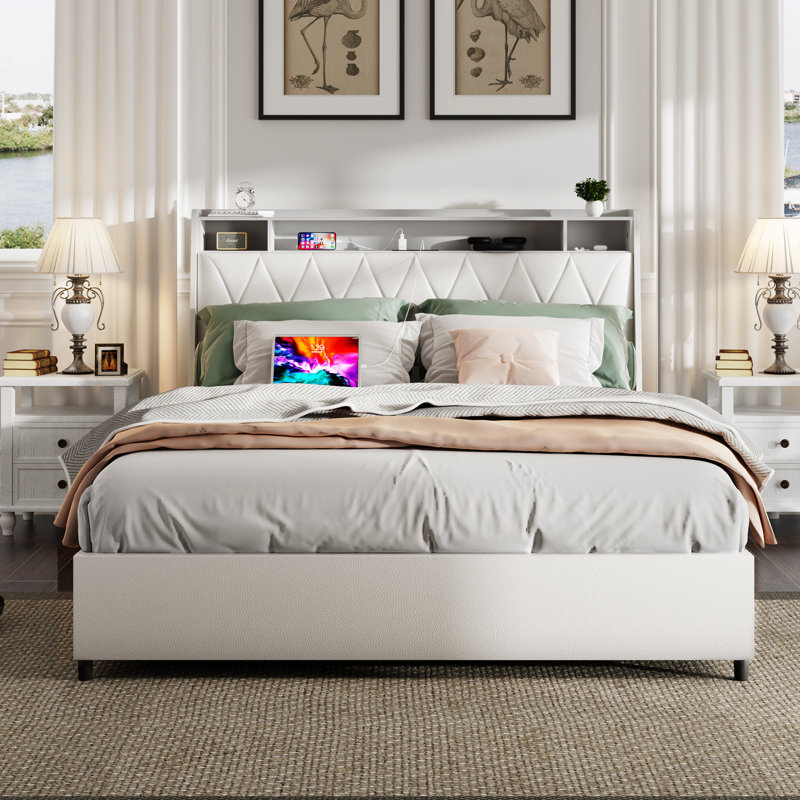 Queen Bed Frame With Ergonomic Headboard, Platform Bed Frame Queen Size With Outlets & Charger, Bed Frame Queen Size With Storage Shelf, Noise-Free, No Box Spring Needed