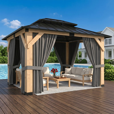 Outdoor Solid Wood Hardtop Gazebo, Cedar Frame & Galvanized Steel Double Roof, for Backyard, Garden, Poolside & Patio