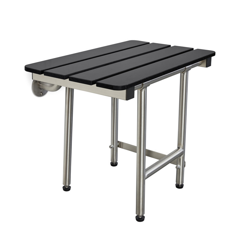 32-inch x 15-inch ADA Bariatric Folding Wall Mount Bathroom Shower Seat Bench with Legs, Black Slatted Phenolic Seat