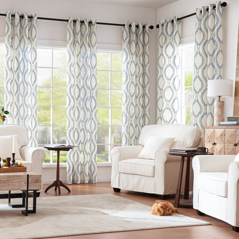 Linen Farmhouse Curtains Embroidered Leaf Curtains for Living Room, Blue, 50" W x 84" L