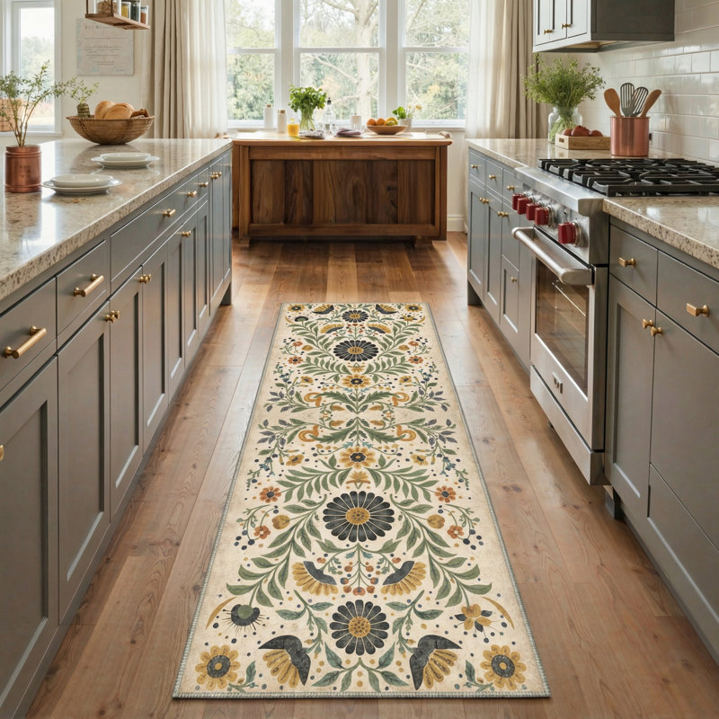 Verdant Boho Machine Washable Folk Floral / Sage Ochre Indoor Area Rug With Non-Slip Backing, Runner 2' x 6'