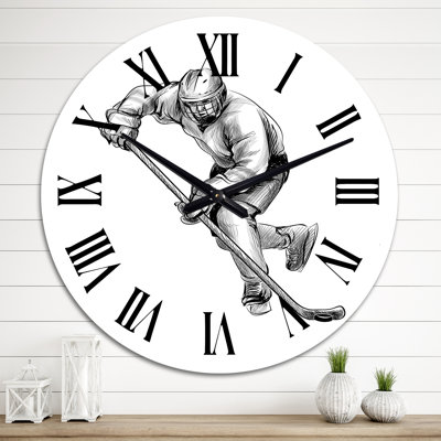 Joueur de hockey en sport d'hiver noir et blanc I - horloge murale