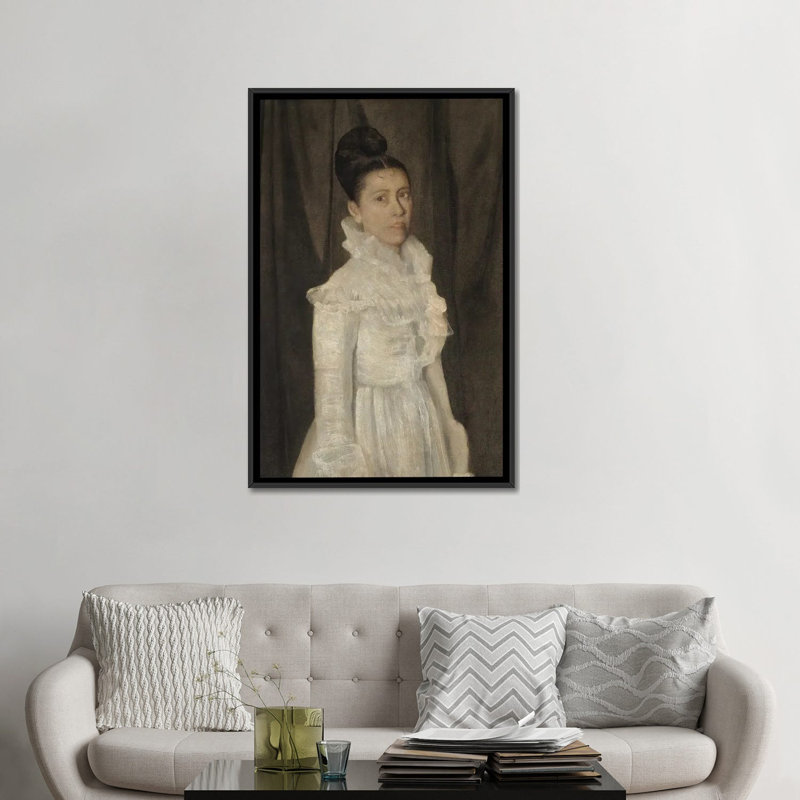 Jeune femme dans une robe blanche - reproduction d'art murale - toile encadrée, 48 po x 32 po, Toile avec cadre, Noir