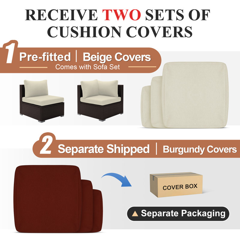 Outdoor Wicker Sectional Sofa Set With Ottomans, Deep Seating Patio Conversation Set With Cushions, No, Ruby Red, Brown