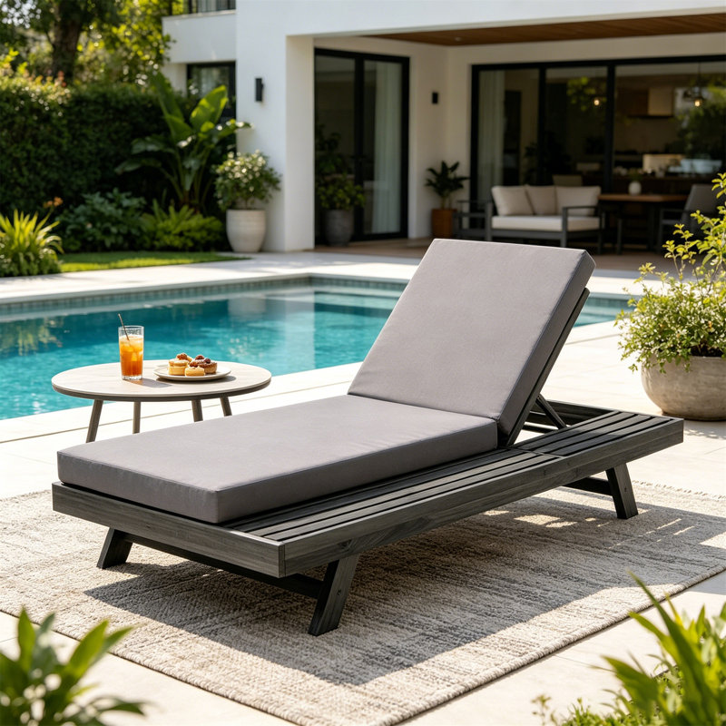 Ensemble de chaises longues, espace disponible sur un côté, bois d'acacia noir avec coussins de salon résistants à l'eau (gris foncé et 4 pouces d'épaisseur) - version crème assortie disponible
