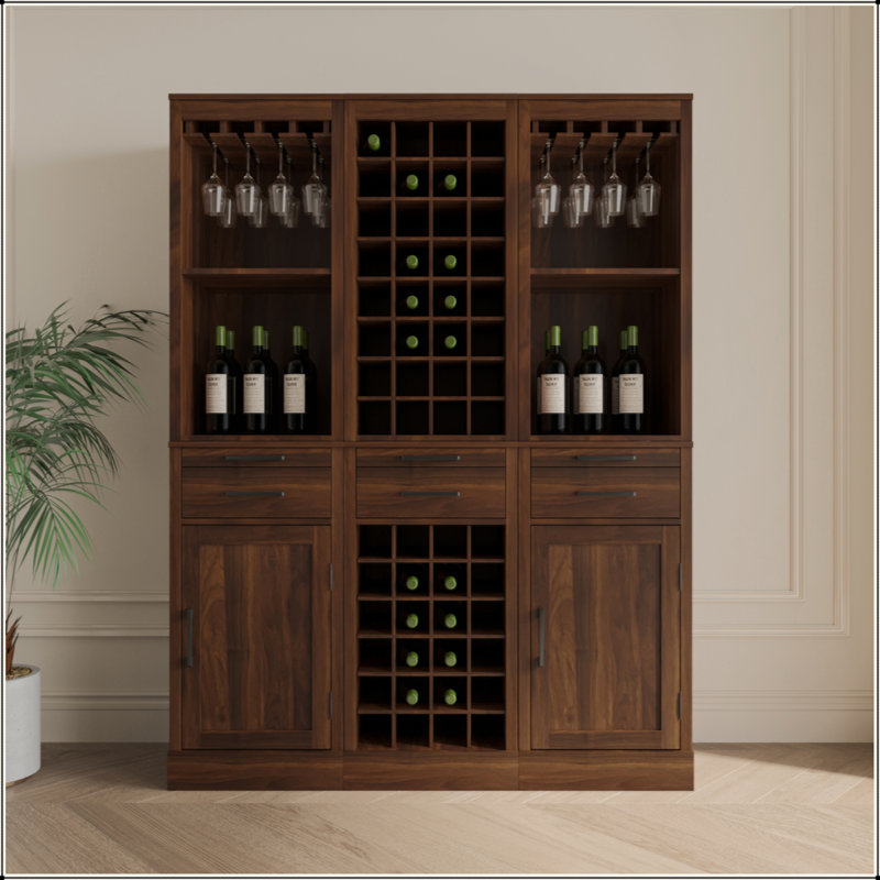 Armoire de bar à vin brun modulaire couleur noyer avec huche pour salle à manger