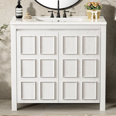 36" Bathroom Vanity With Ceramic Sink, Ample Countertop Space, Vintage Style, And Flexible Storage White Spacious Area, Appeal, Easy Maintenance