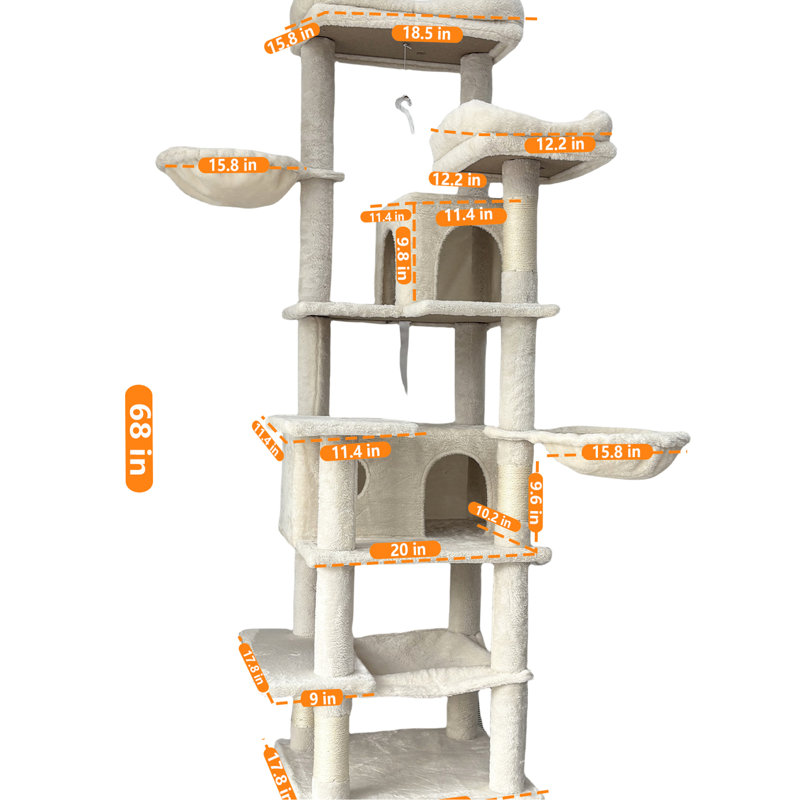 Arbre à chat à 6 niveaux de 68 pouces de hauteur beige pour chats multiples, coussins moelleux amovibles, poteaux à griffer enveloppés, privé et hamacs, arbre de 20 po de profondeur et multi de 17,8 po de largeur, perchoir relaxant douillet