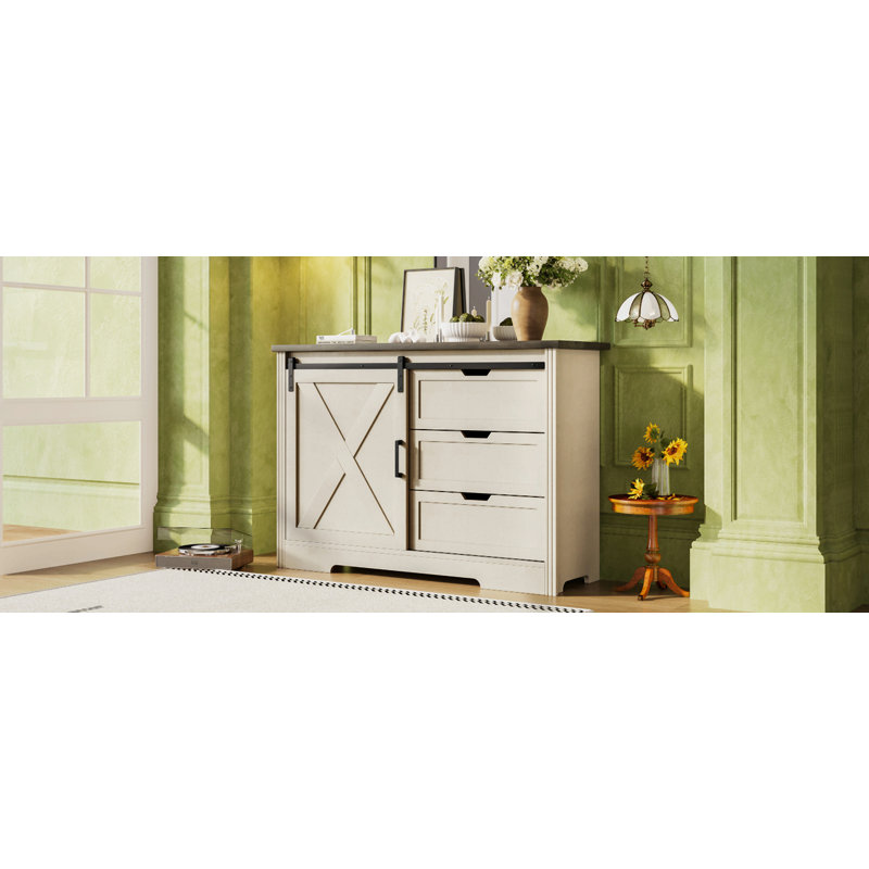 Drawer Dresser, Bar Chest, Dining Sideboard, Storage Cabinet with Silent Sliding Doors and Three Drawers, Space Saving, Suitable for Dining Room, Living Room, Bedroom, etc.