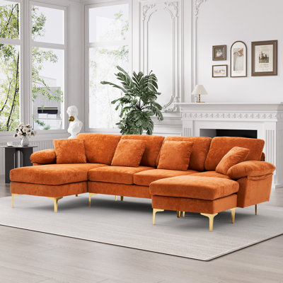 114" U Shaped Snow Fleece Sectional Sofa With Gold Hardware Legs
