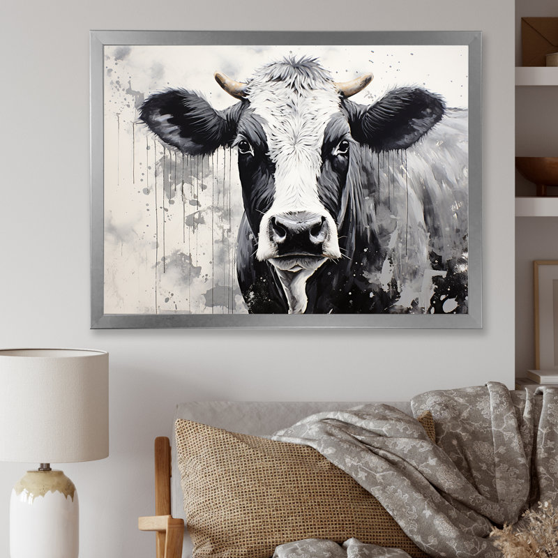 Minimalisme noir et blanc - vache, art mural, Cadre flottant noir, H 34 po x l 44 po x P 1,5 po