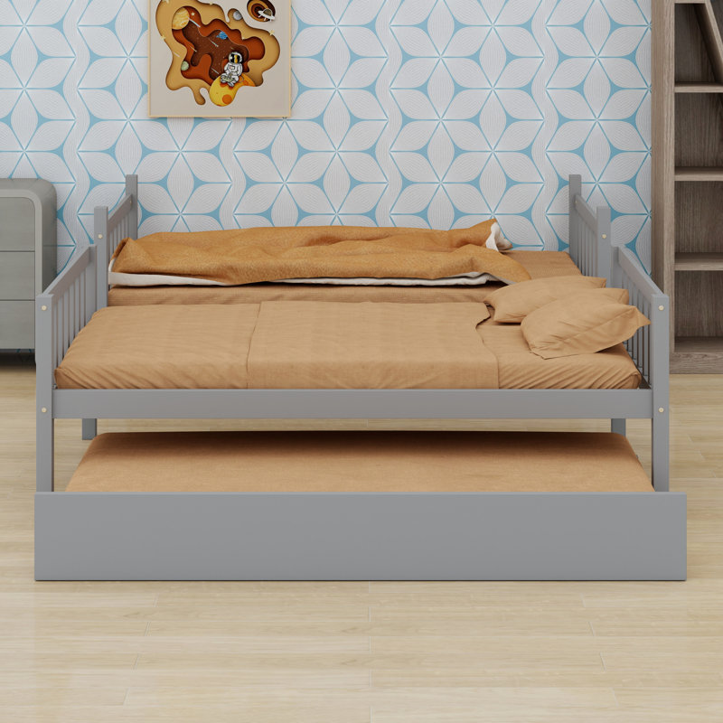 Rubber Wood Bunk Bed Including Trundle, Ladder, Guardrails, Gray
