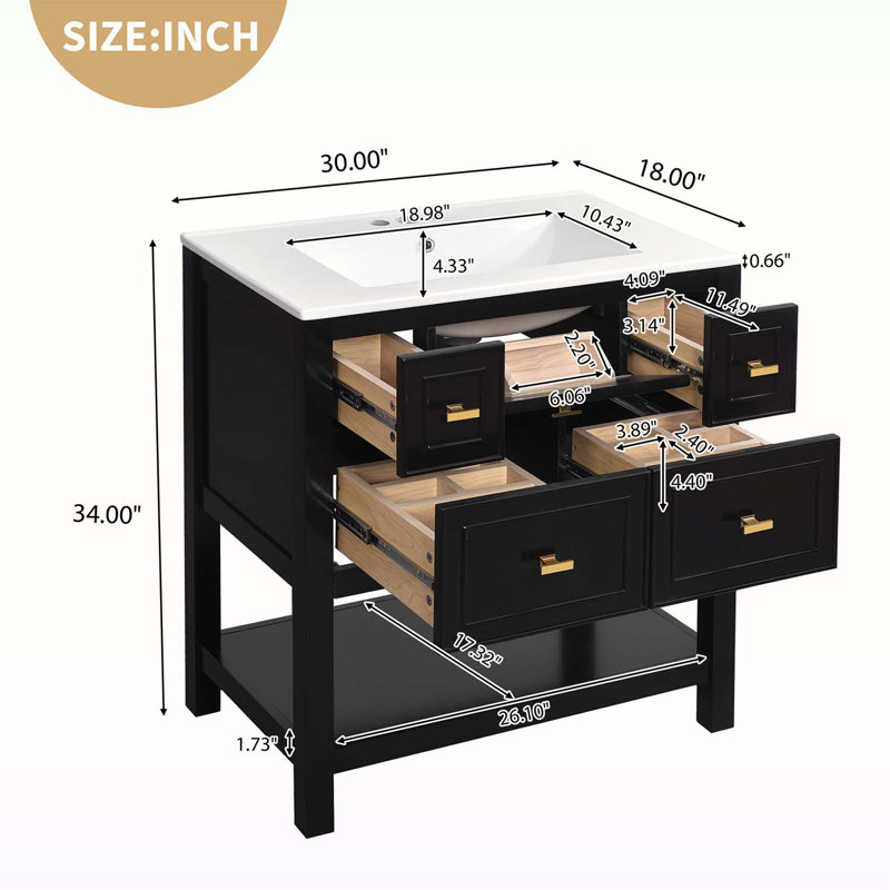 Free Standing Single Vanity Set with 5 Drawers, Black