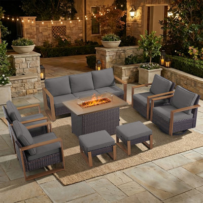 8-Piece Outdoor Modern Patio Family Conversation Set With Fire Pit Table