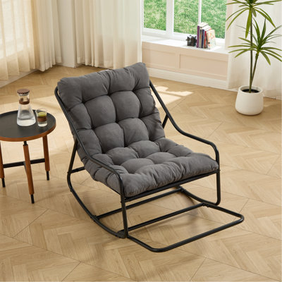 Outdoor Rocking Chair, Comfy Cushion, With Soft Thick Cushion,For Living Room, Bedroom, Reading Room, Black Frame With Grey Cushion