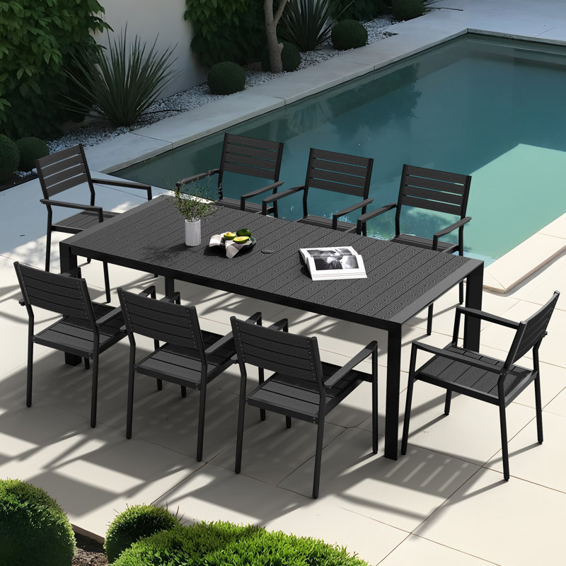 8 - Person 84’’ L Rectangular Aluminum Dining Set with Stacking Chairs, Black