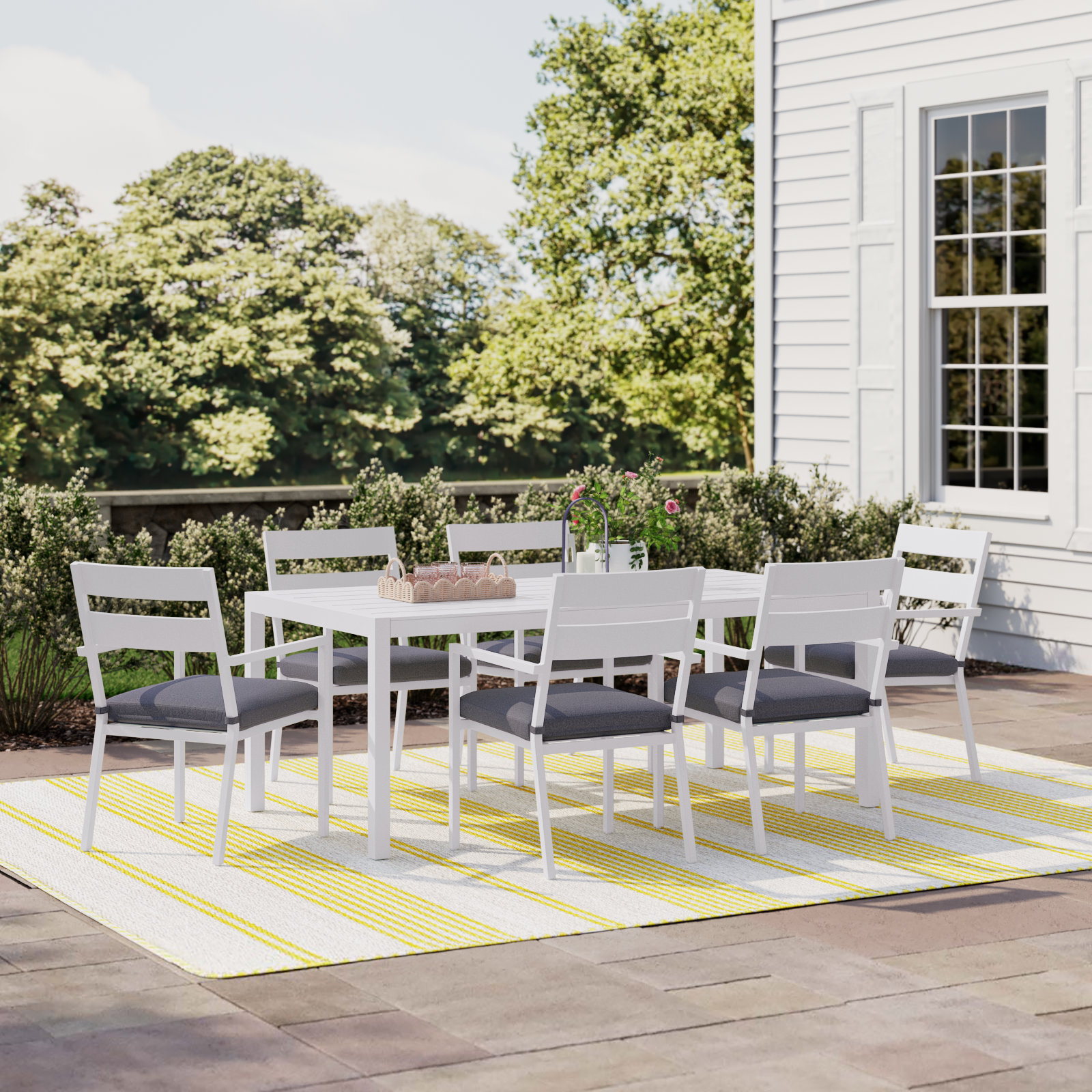 72.05'' Rectangular 6 - Person Outdoor Dining Set with Cushions, White