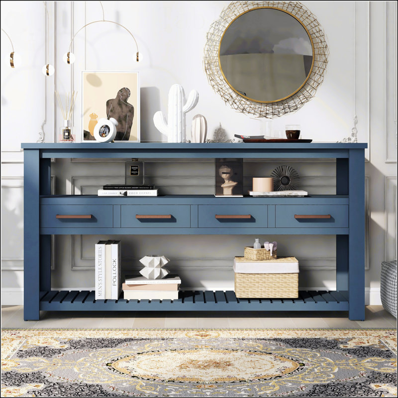 Navy Blue 62" Wood Console Table with Drawers and Shelves