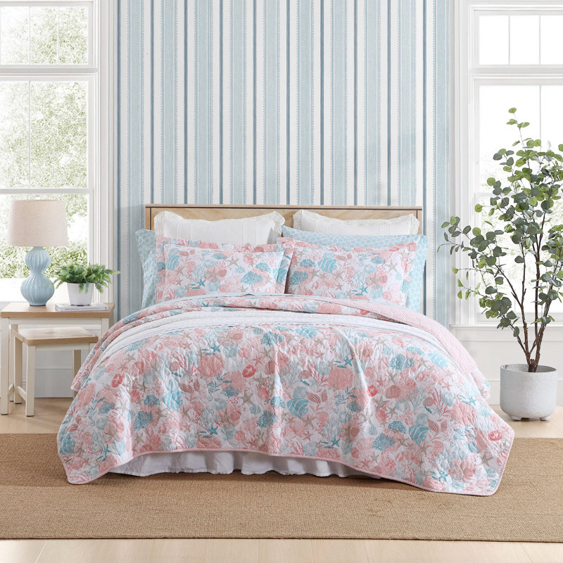 Ensemble de courtepointe réversible en coton Laura Ashley, Courtepointe pour grand lit + 2 taies décoratives, Bleu