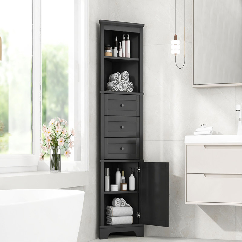 Armoire haute triangulaire avec 3 tiroirs et tablettes réglables pour la salle de bain, la cuisine ou le salon, panneau de fibres à densité moyenne avec finition peinte