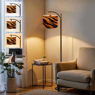  Arc Floor Lamp Tiger Skin Seamless Design Animal Striped Skin Fur Tall Modern Standing Lamp LED Adjustable Linen Lampshade 3 Color Temperatures
