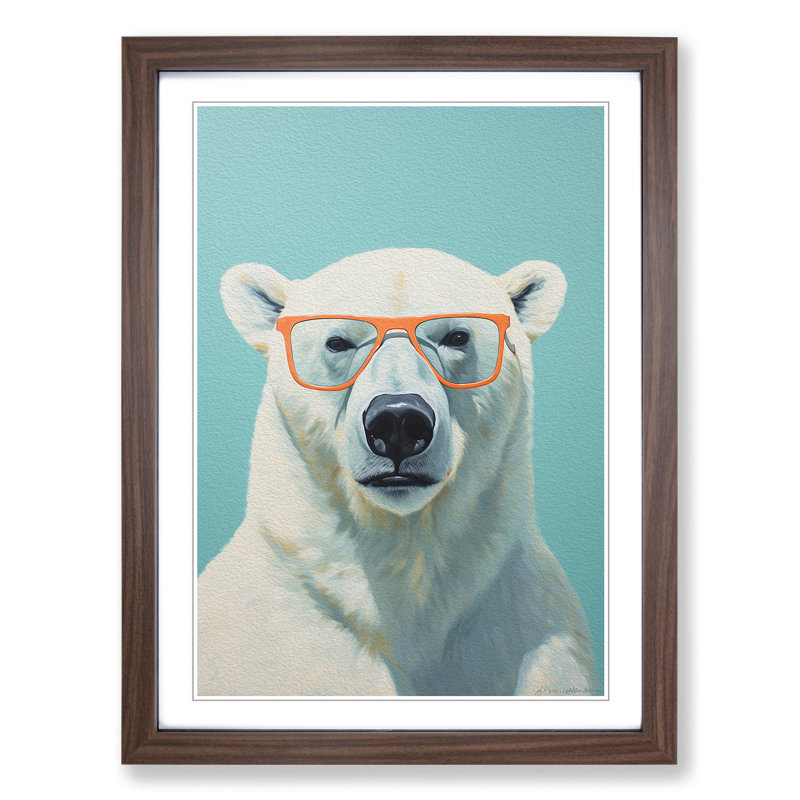 Polar Bear With Glasses Painting No.2 - Single Picture Frame Print on Wood, Walnut, 46cm H x 34cm W x 2cm D