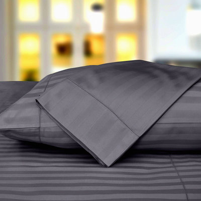 Luxury Damask Weave Pillowcase Set - Dark Grey Striped 500 Thread Count Long Staple Cotton Protector Covers - Silky Soft Breathable Bedding