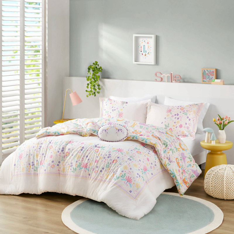 Ensemble de couette imprimée réversible en coton 4 pièces, violet, taille grand lit/queen