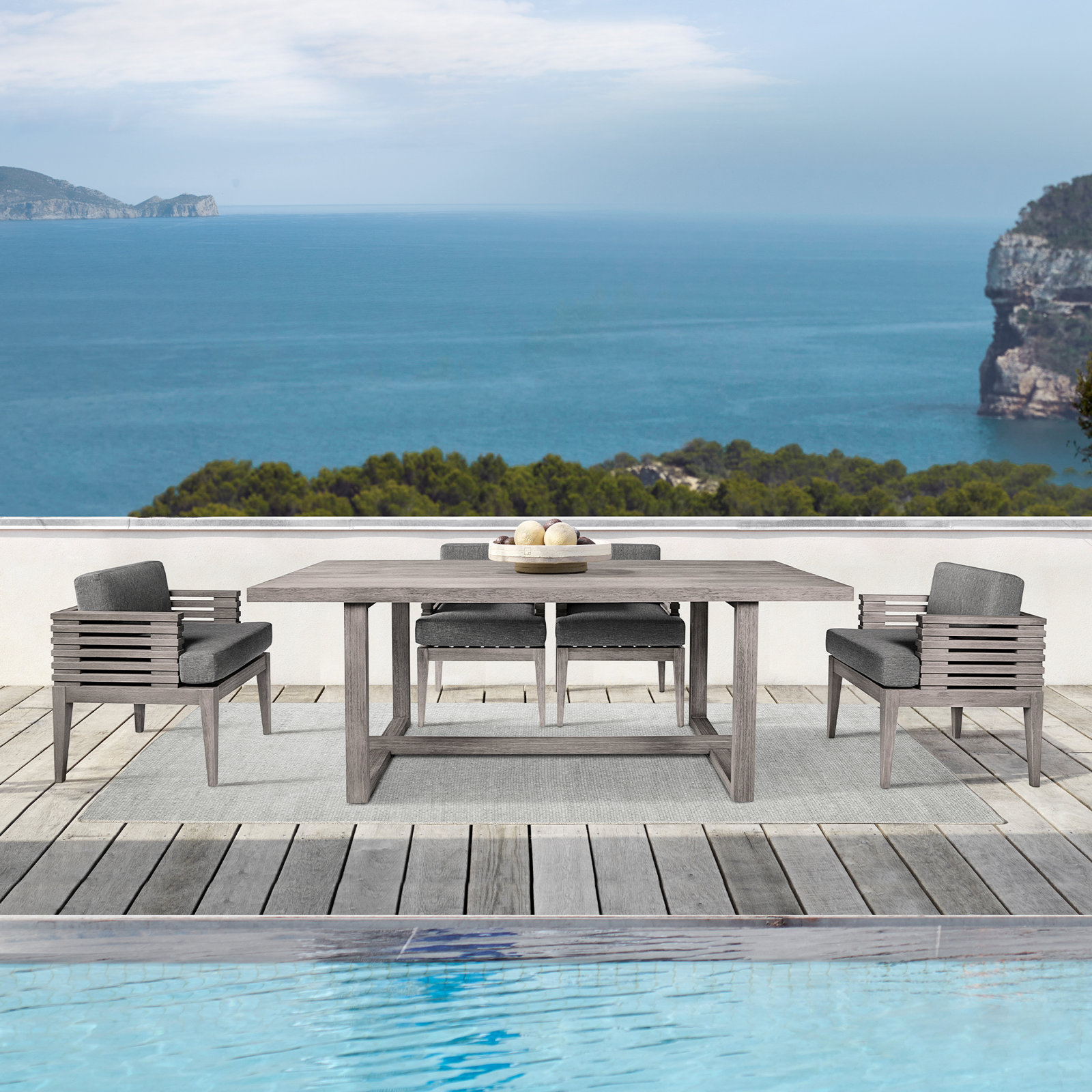 Aerilyn Wood Premium All-Weather Wicker Outdoor Dining Armchair with Cushion, Grey Performance
