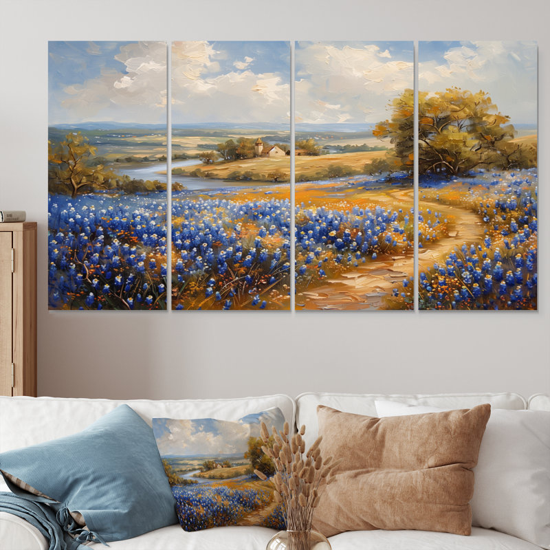 «Blue Green Summer Meadow Charm Blue Bonnets I - Blue Bonnets», ensemble de reproduction d'art mural, H 32 po x l 64 po