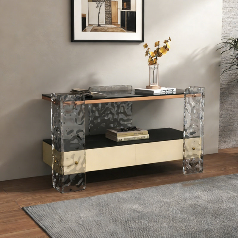 Console moderne à tiroirs en bois-acrylique, 21,65 po H x 39,37 po L x 15,75 po P, Transparent / kaki