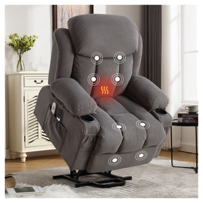 Fauteuil inclinable électrique Power Lift avec chauffage et massage, fauteuil inclinable électrique en tissu pour personnes âgées, gris