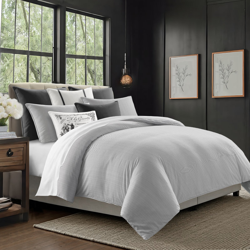 Jaxon Stripe Cotton Reversible Coverlet Set, Cal.King Coverlet/Bedspread + 2 King Shams, Ebony