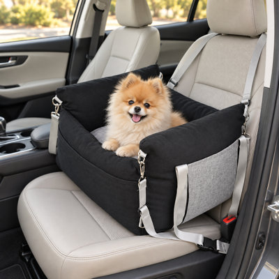 Siège d'auto et sac de transport convertibles pour animaux de compagnie – Lit de voyage portatif de 60 cm pour chats et petits chiens avec attache de sécurité, housse lavable et poignées de transport, siège d'auto 2 en 1 et nid douillet (noir/beige/gris)