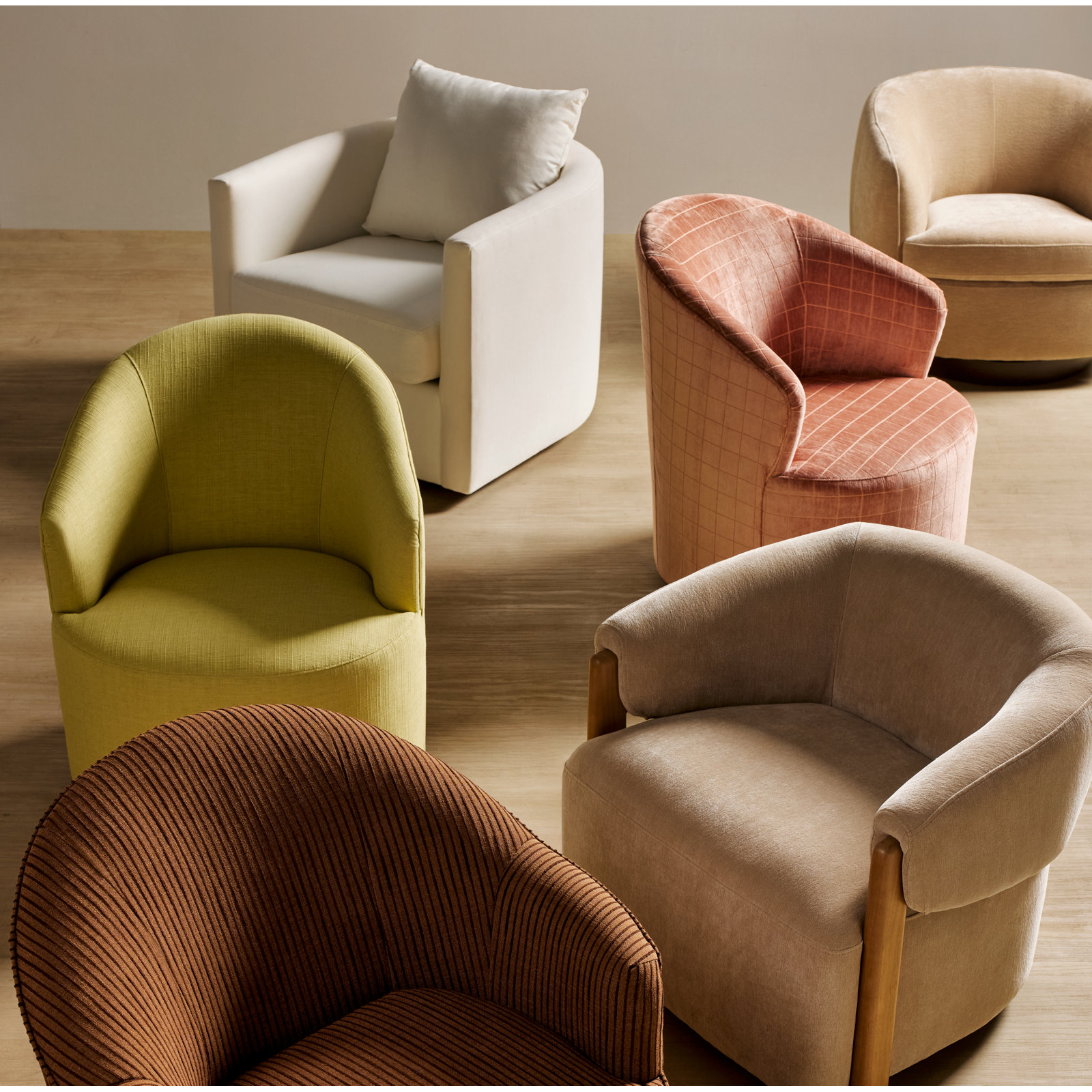 Deryn Upholstered Swivel Barrel Chair, R-Block Salmon Chenille