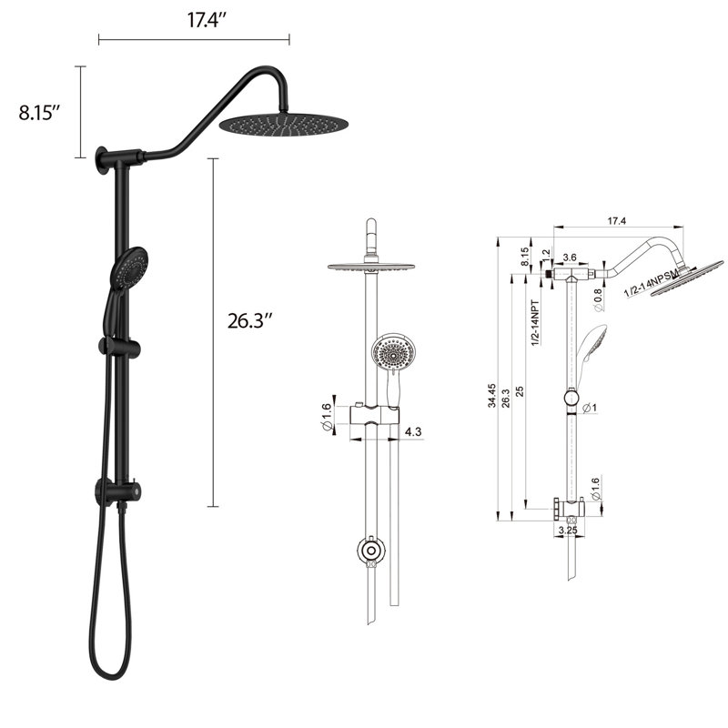 5 Function Shower System, Matte Black. 10 Inch Head & 26.3" Slide Bar . Wall Mounted, Easy To Setup. Rain, Massage, Bubbly Modes. Includes Head, Handheld, Hose. Nozzle For Cleaning. No Valve Trim Kit