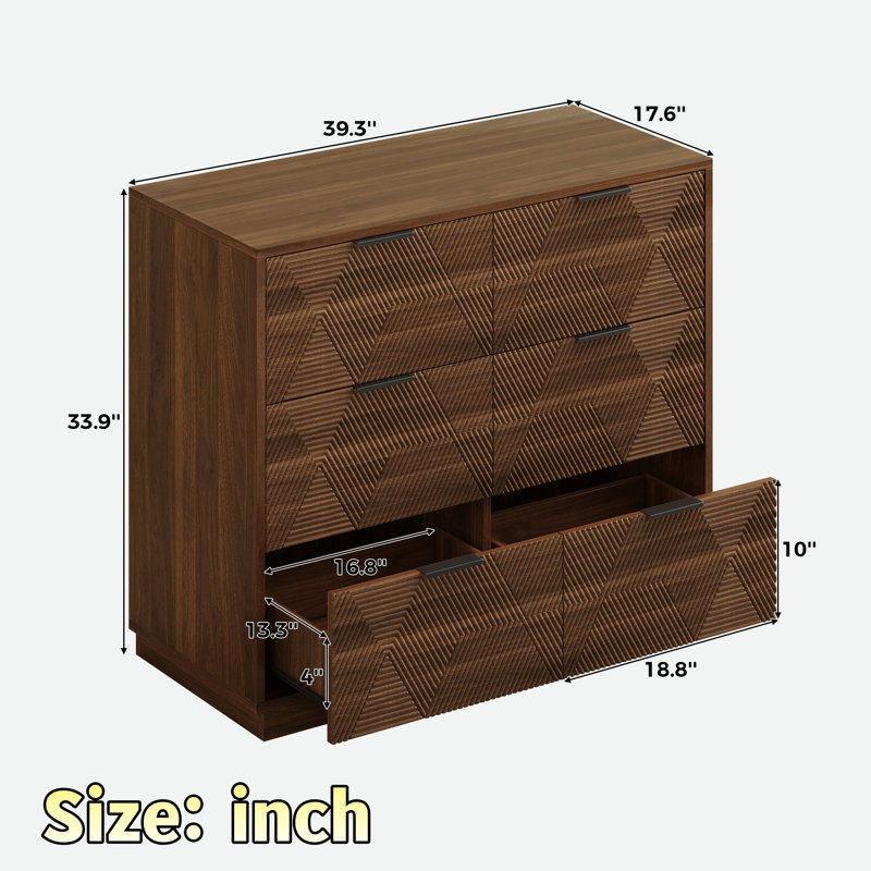 Commode moderne à 6 tiroirs, poignées élégantes et design texturé géométrique 3D
