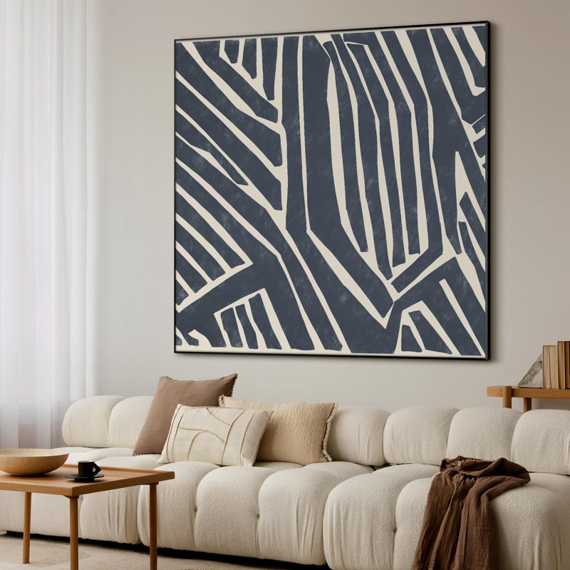 Art mural encadré, motif de labyrinthe géométrique bleu marine, illustration abstraite de style tribal audacieux pour la maison, le salon, la chambre à coucher (assemblage requis)