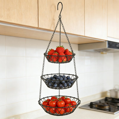 3-Tier Hanging Basket Organizer With Adjustable Chains - Heavy Duty Rustic Metal Wire Storage For Kitchen Fruits, Vegetables, And Utensils