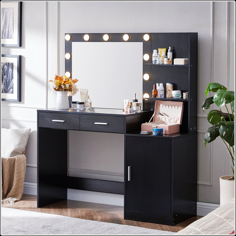 Bureau de coiffeuse élégant avec miroir et lumières DEL réglables, coiffeuse 46,4 po avec tiroirs spacieux et rangement pour les chambres modernes