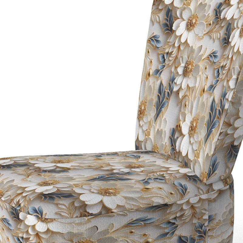 Chaise d'appoint rembourrée moderne A, Or blanc, fleurs bleues et élégance